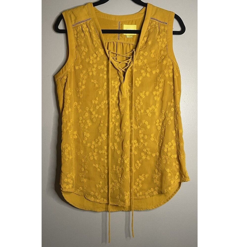 Anthropologie Maeve Size 8 Blouse Lace Up Front Floral Embroidered Sleeveless
